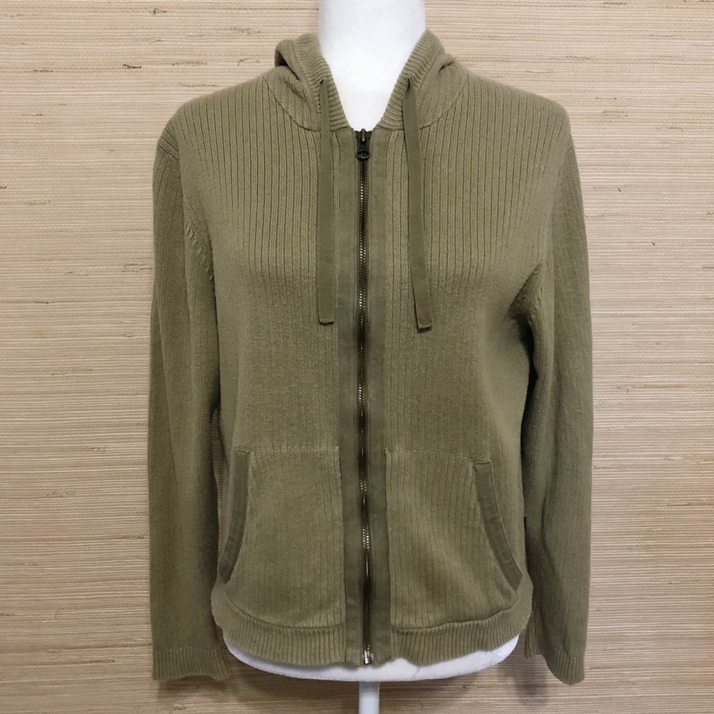 Woolrich Green Ribbed Knit Zipup Hoodie Sweater Size Medium